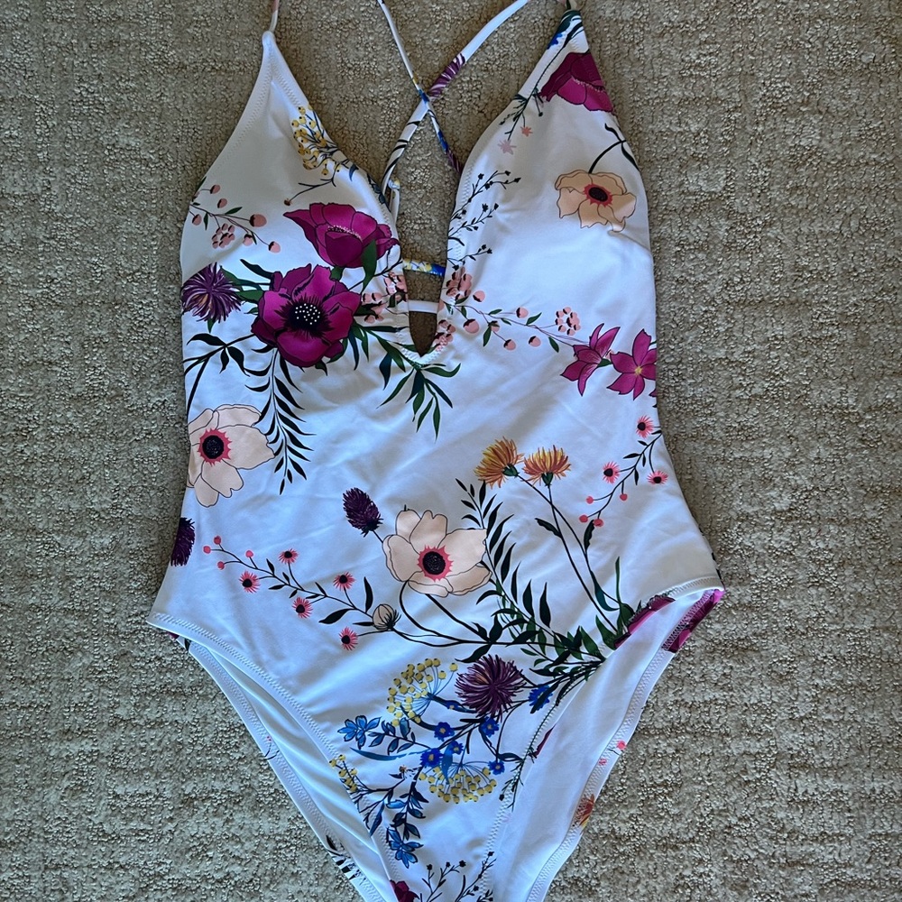 White Floral One Piece Swimsuit NWT Size L